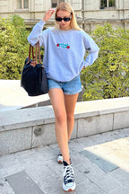 Gri Freedom Baskılı Bisiklet Yaka Kadın Sweatshirt
