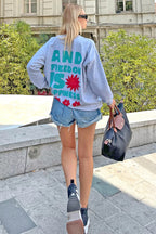 Gri Freedom Baskılı Bisiklet Yaka Kadın Sweatshirt