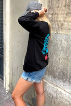 Siyah Freedom Baskılı Bisiklet Yaka Kadın Sweatshirt