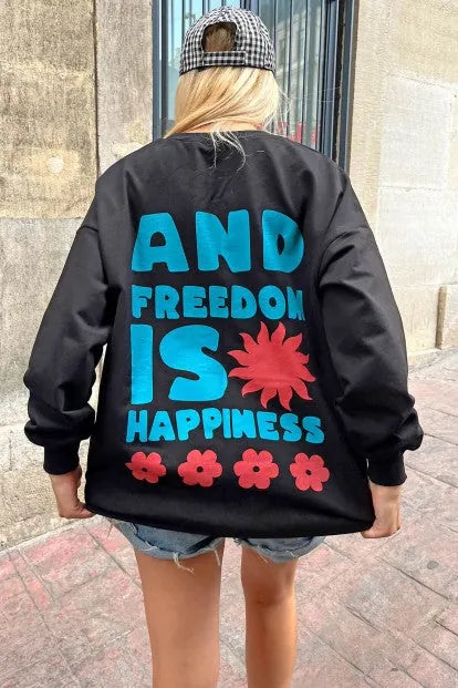 Siyah Freedom Baskılı Bisiklet Yaka Kadın Sweatshirt