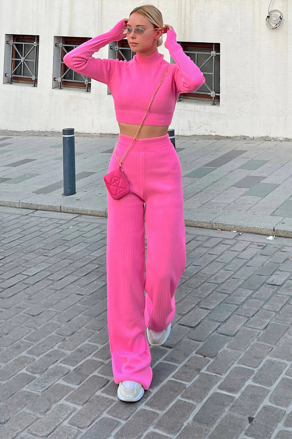 Pembe Yarım Balıkçı Örgü Crop Kazak Pantolon Triko Alt-Üst Takım