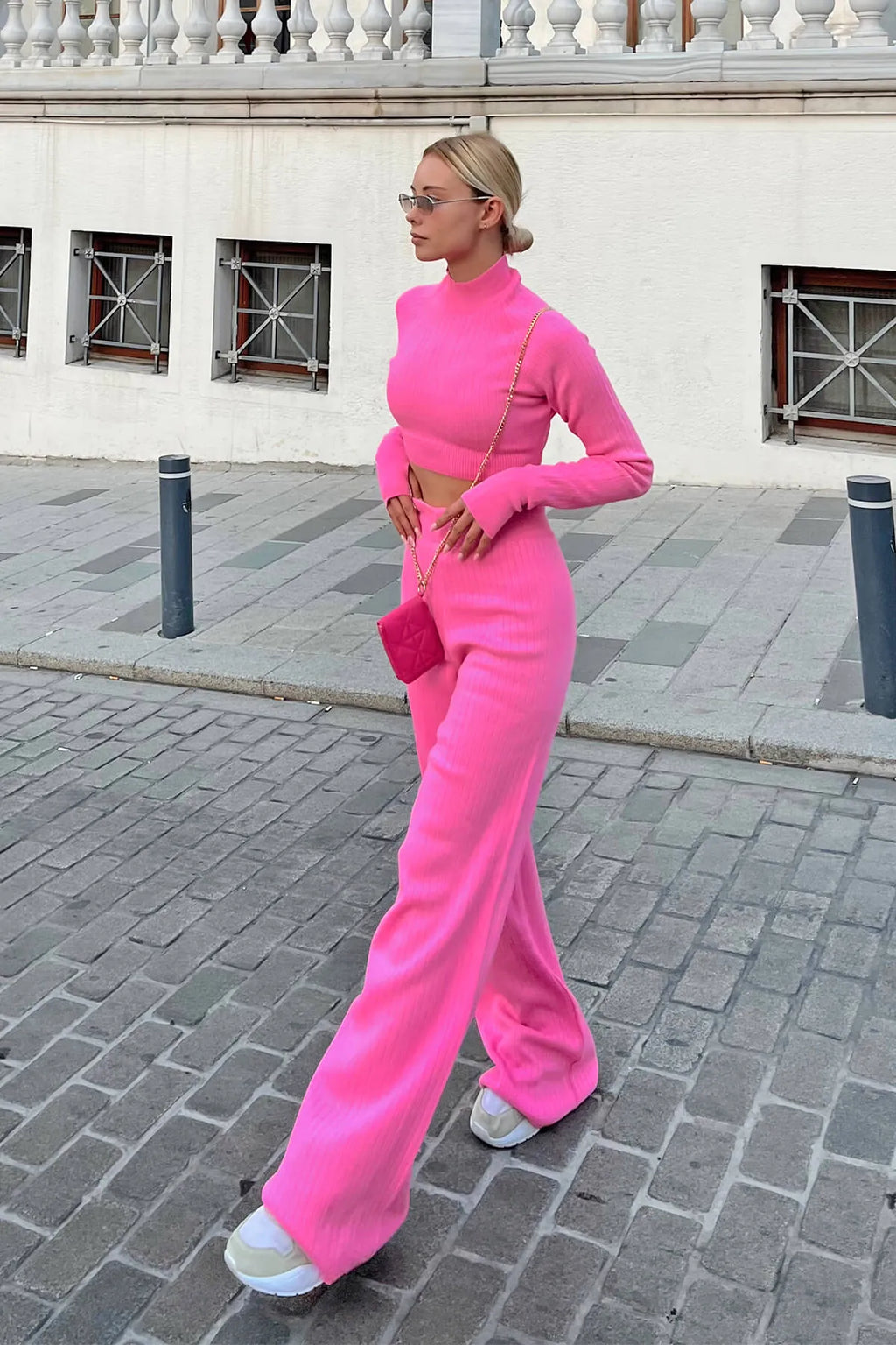Pembe Yarım Balıkçı Örgü Crop Kazak Pantolon Triko Alt-Üst Takım
