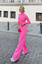Pembe Yarım Balıkçı Örgü Crop Kazak Pantolon Triko Alt-Üst Takım