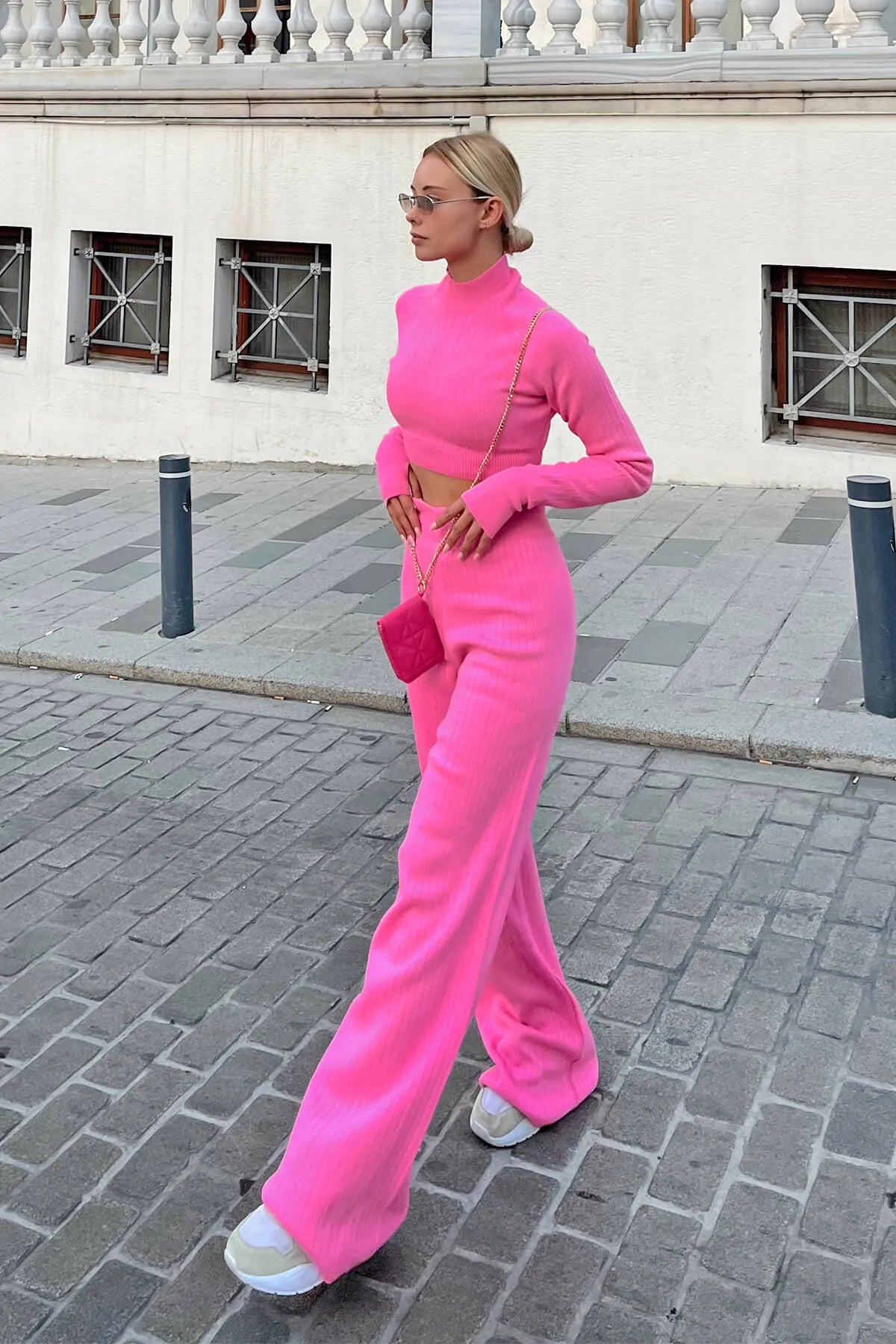 Pembe Yarım Balıkçı Örgü Crop Kazak Pantolon Triko Alt-Üst Takım