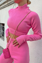 Pembe Yarım Balıkçı Örgü Crop Kazak Pantolon Triko Alt-Üst Takım