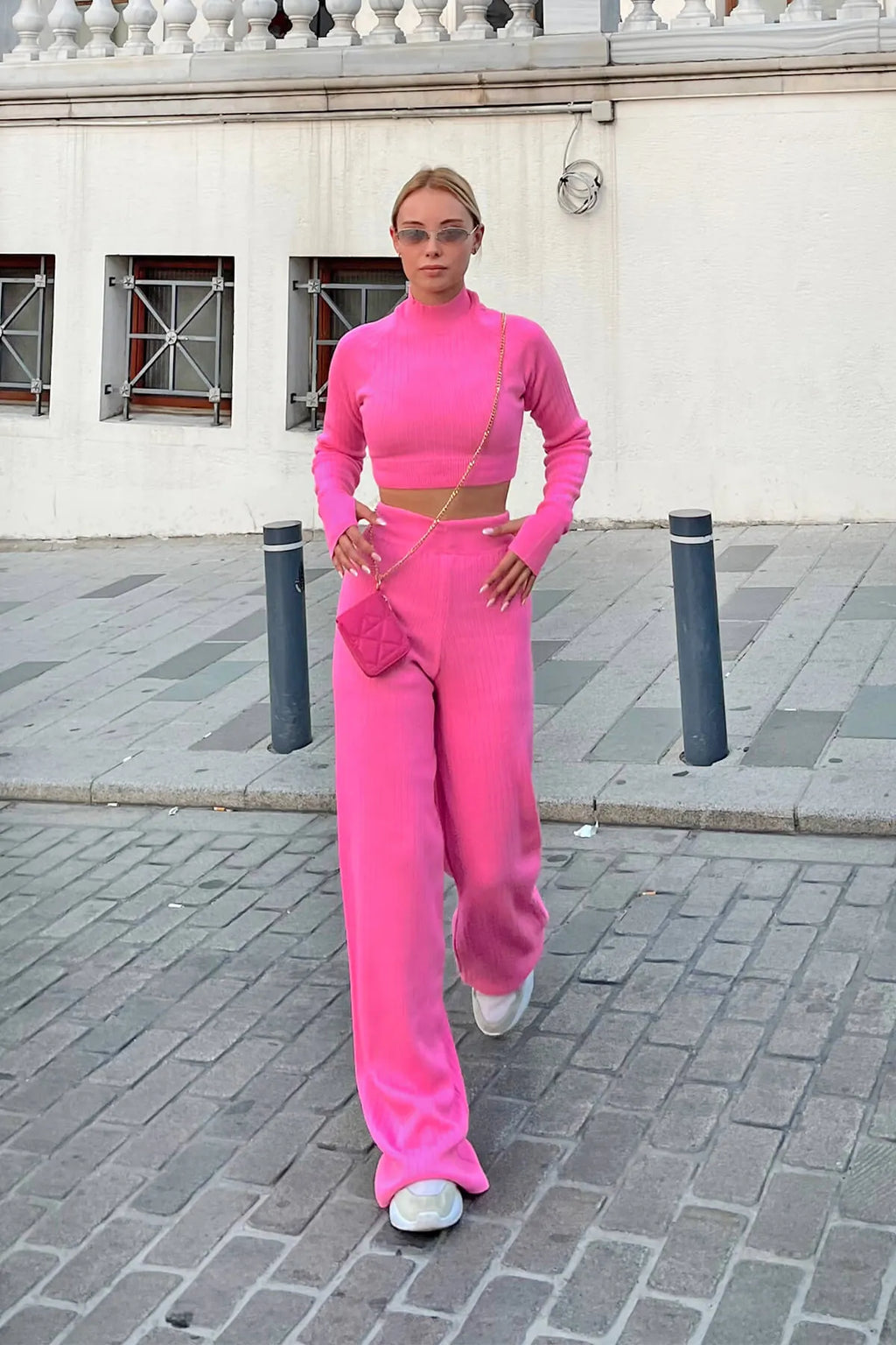 Pembe Yarım Balıkçı Örgü Crop Kazak Pantolon Triko Alt-Üst Takım