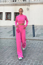 Pembe Yarım Balıkçı Örgü Crop Kazak Pantolon Triko Alt-Üst Takım
