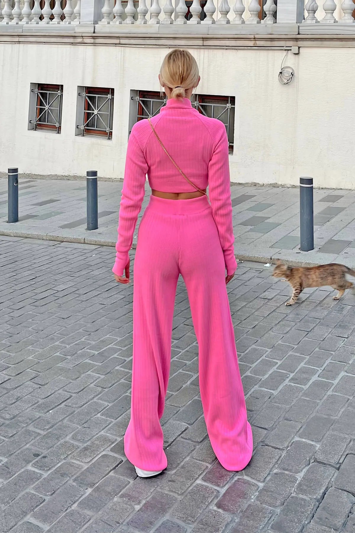 Pembe Yarım Balıkçı Örgü Crop Kazak Pantolon Triko Alt-Üst Takım