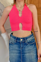 Pembe Metal Aksesuarlı Kadın Triko Crop Top