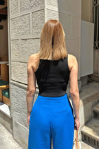 Siyah Bisiklet Yaka Fitilli Esnek Örme Kadın Crop Atlet