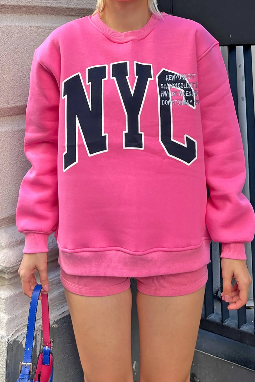 Pembe Season Nyc Baskılı İçi Pamuklu Kadın Sweatshirt