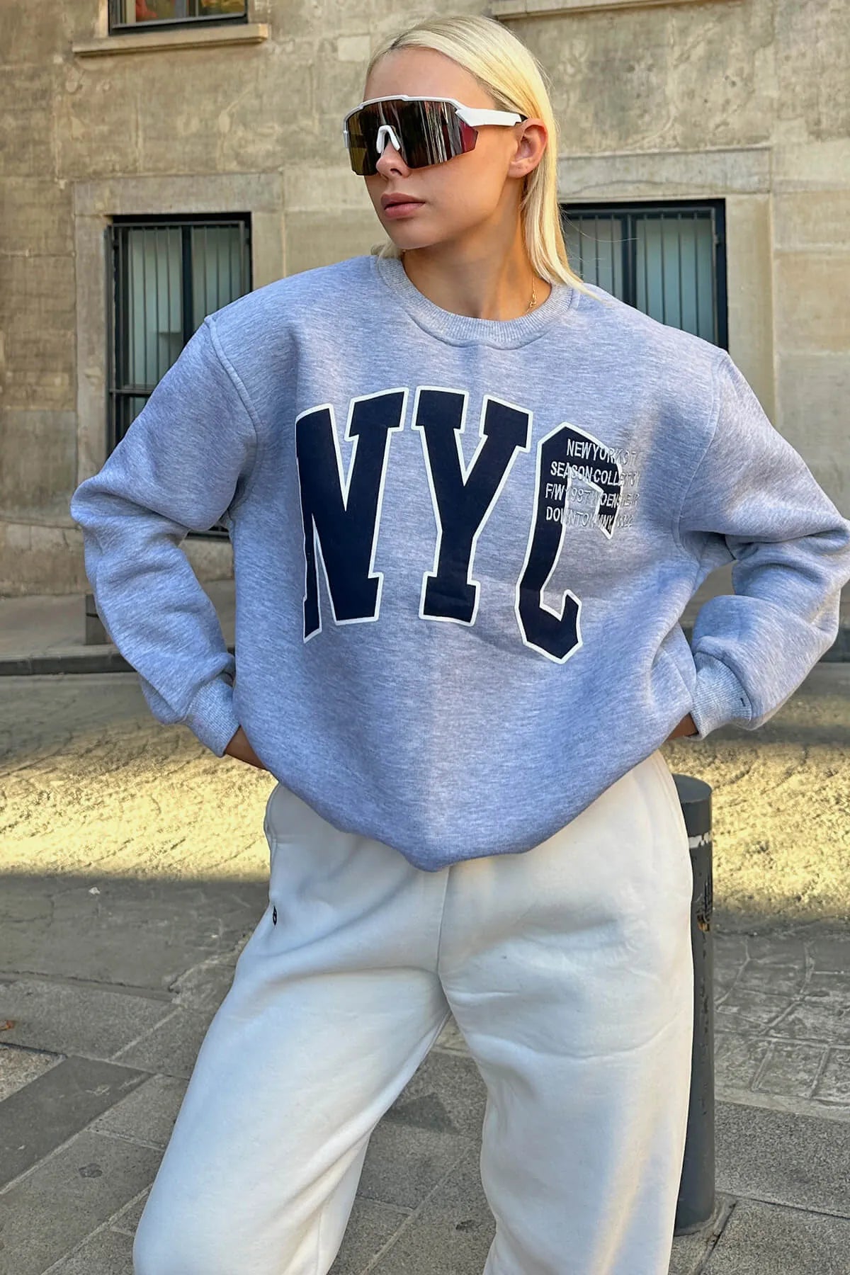 Gri Season Nyc Baskılı İçi Pamuklu Kadın Sweatshirt