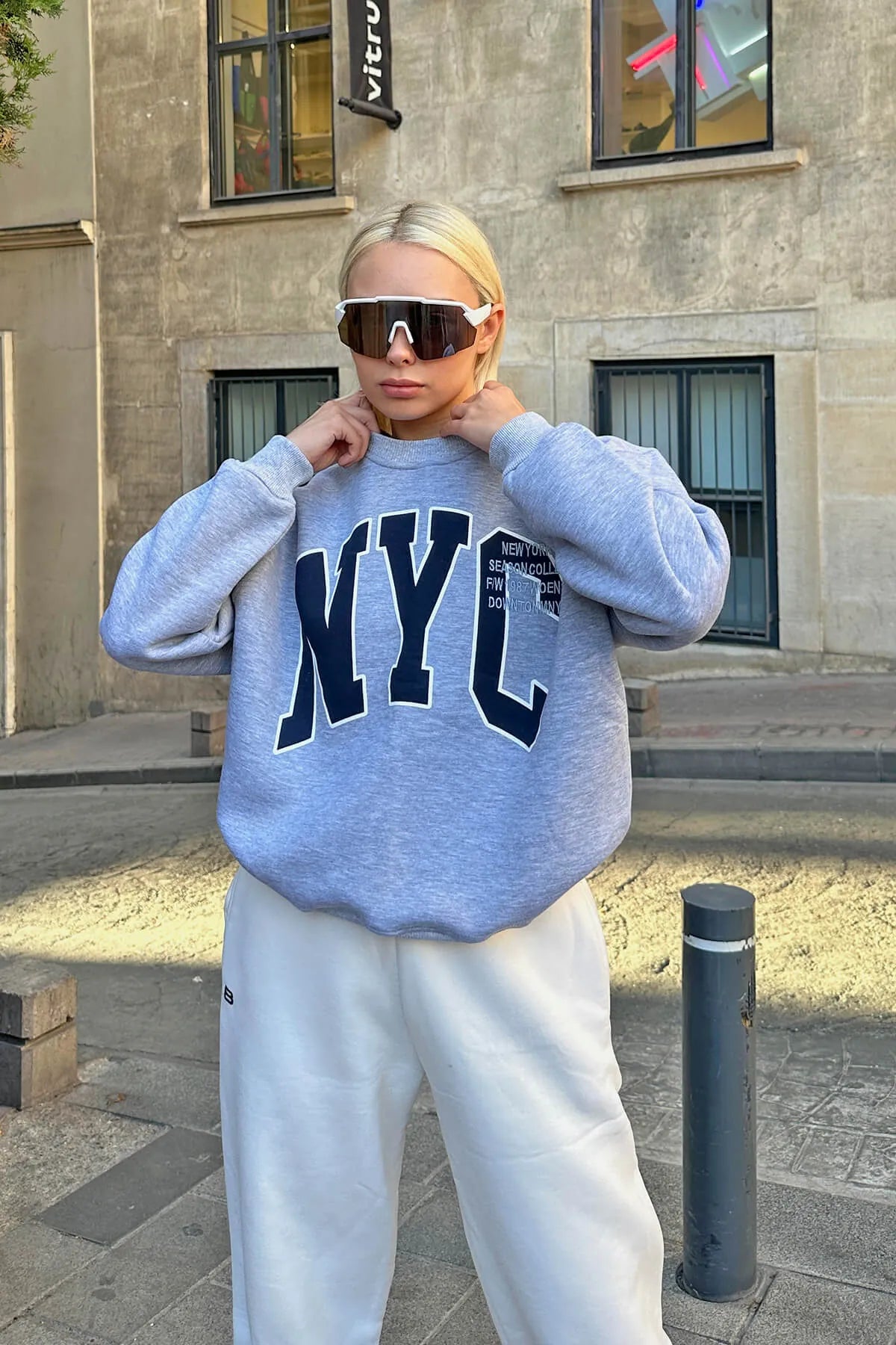 Gri Season Nyc Baskılı İçi Pamuklu Kadın Sweatshirt