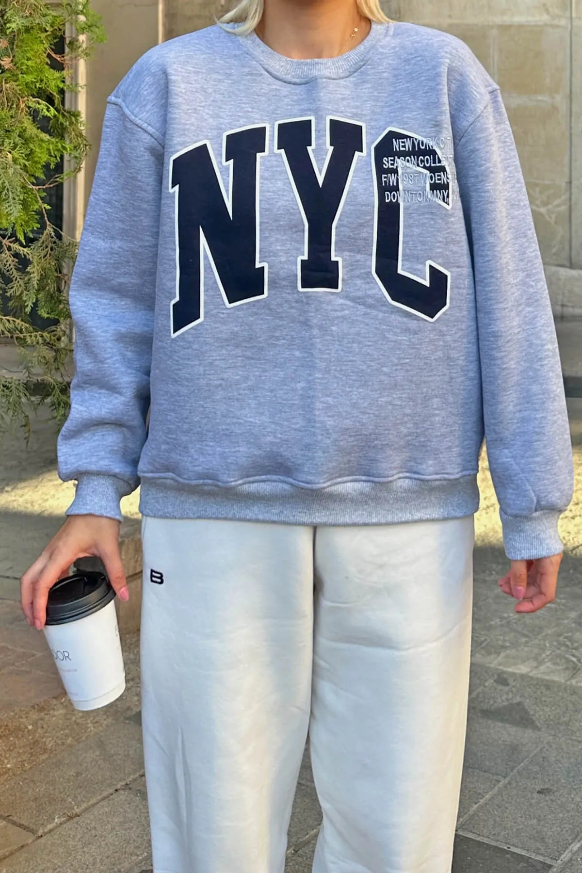Gri Season Nyc Baskılı İçi Pamuklu Kadın Sweatshirt