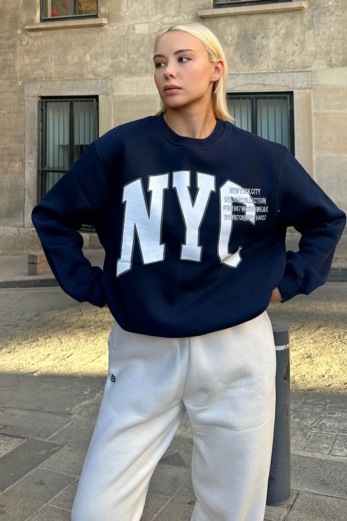 Lacivert Season Nyc Baskılı İçi Pamuklu Kadın Sweatshirt