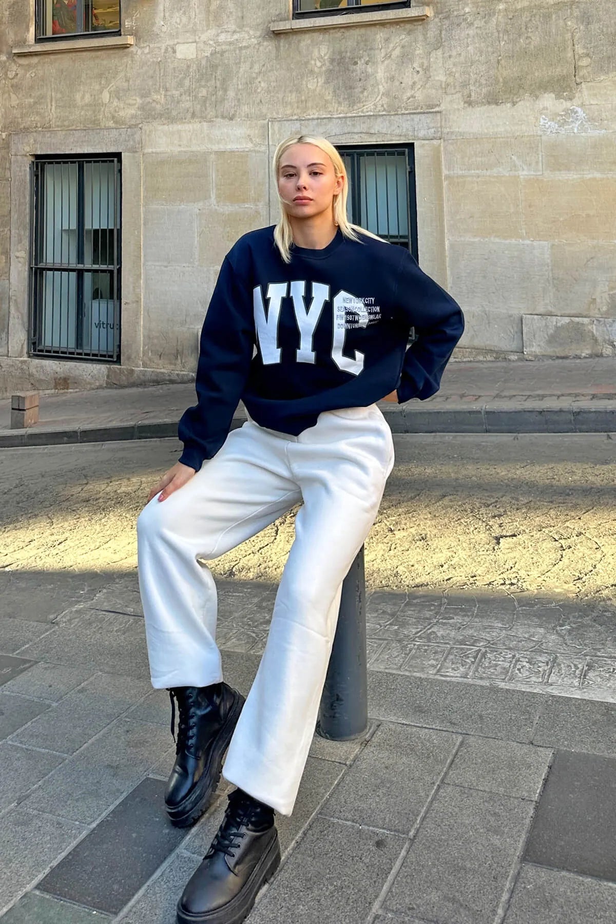 Lacivert Season Nyc Baskılı İçi Pamuklu Kadın Sweatshirt