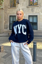 Lacivert Season Nyc Baskılı İçi Pamuklu Kadın Sweatshirt