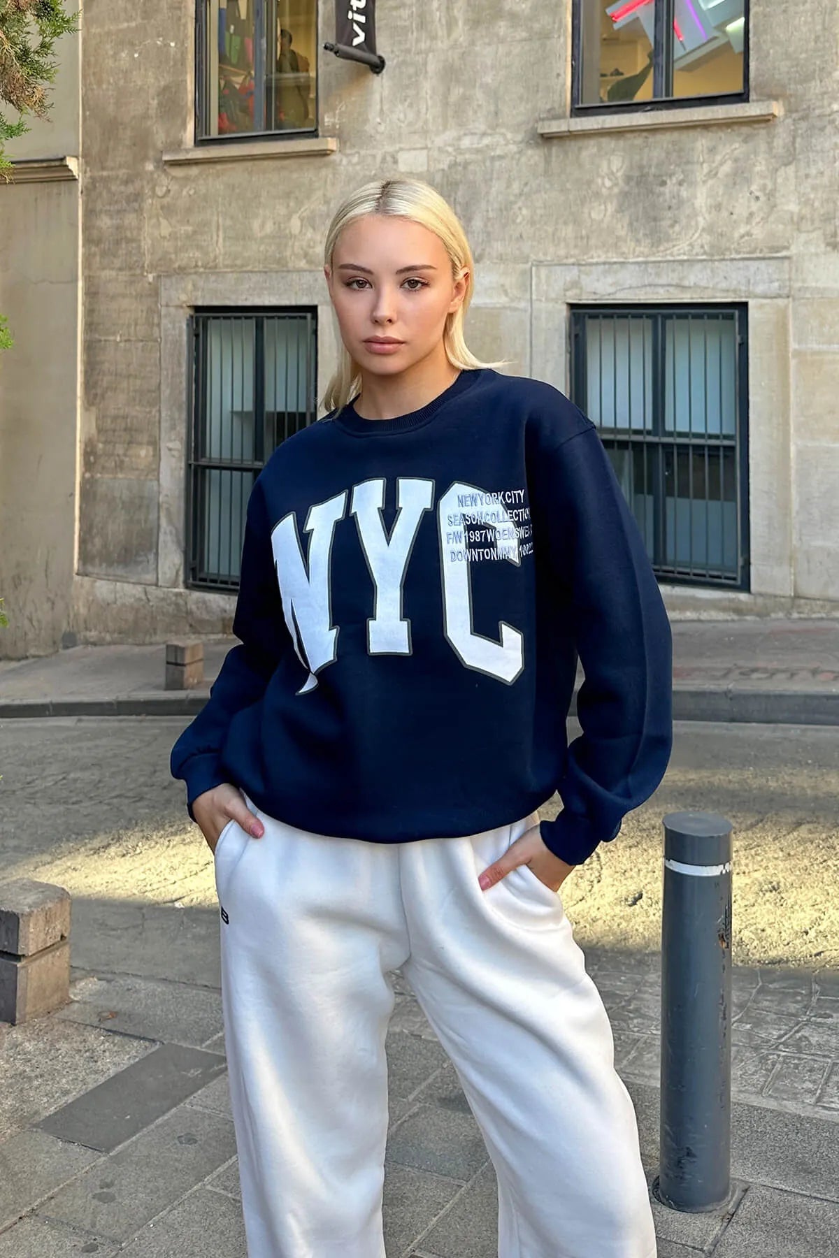 Lacivert Season Nyc Baskılı İçi Pamuklu Kadın Sweatshirt