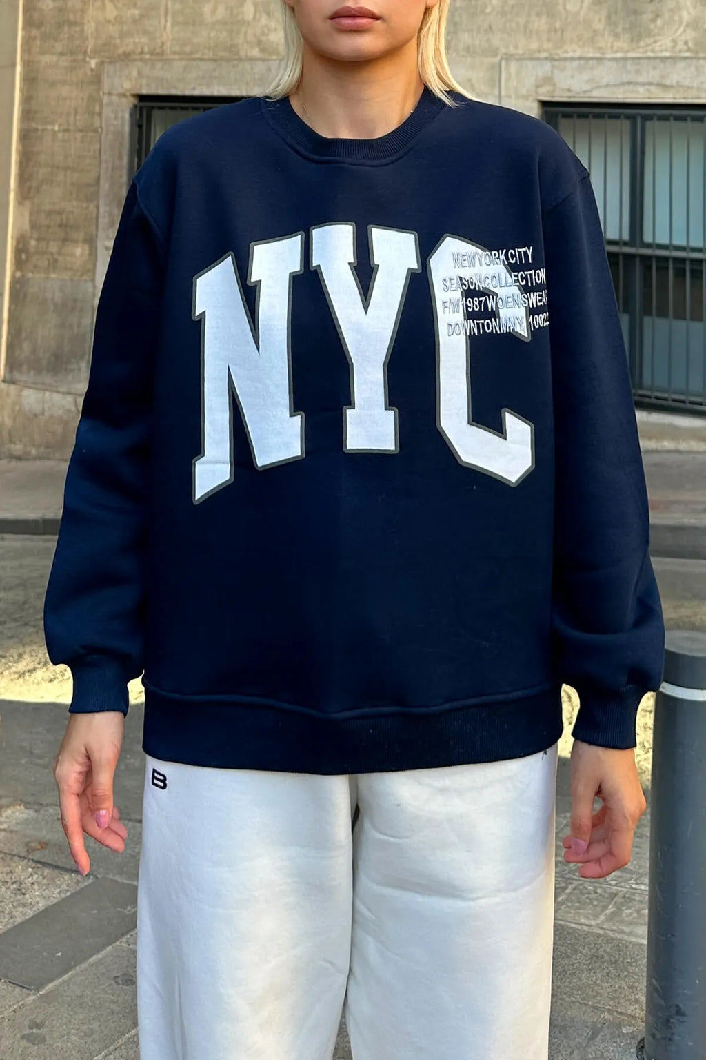 Lacivert Season Nyc Baskılı İçi Pamuklu Kadın Sweatshirt