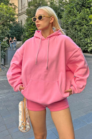 Pembe Oversize Kapüşonlu Kanguru Cepli İçi Polarlı Kadın Sweatshirt