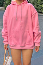 Pembe Oversize Kapüşonlu Kanguru Cepli İçi Polarlı Kadın Sweatshirt