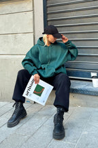 Yeşil Oversize Kapüşonlu Kanguru Cepli İçi Polarlı Kadın Sweatshirt
