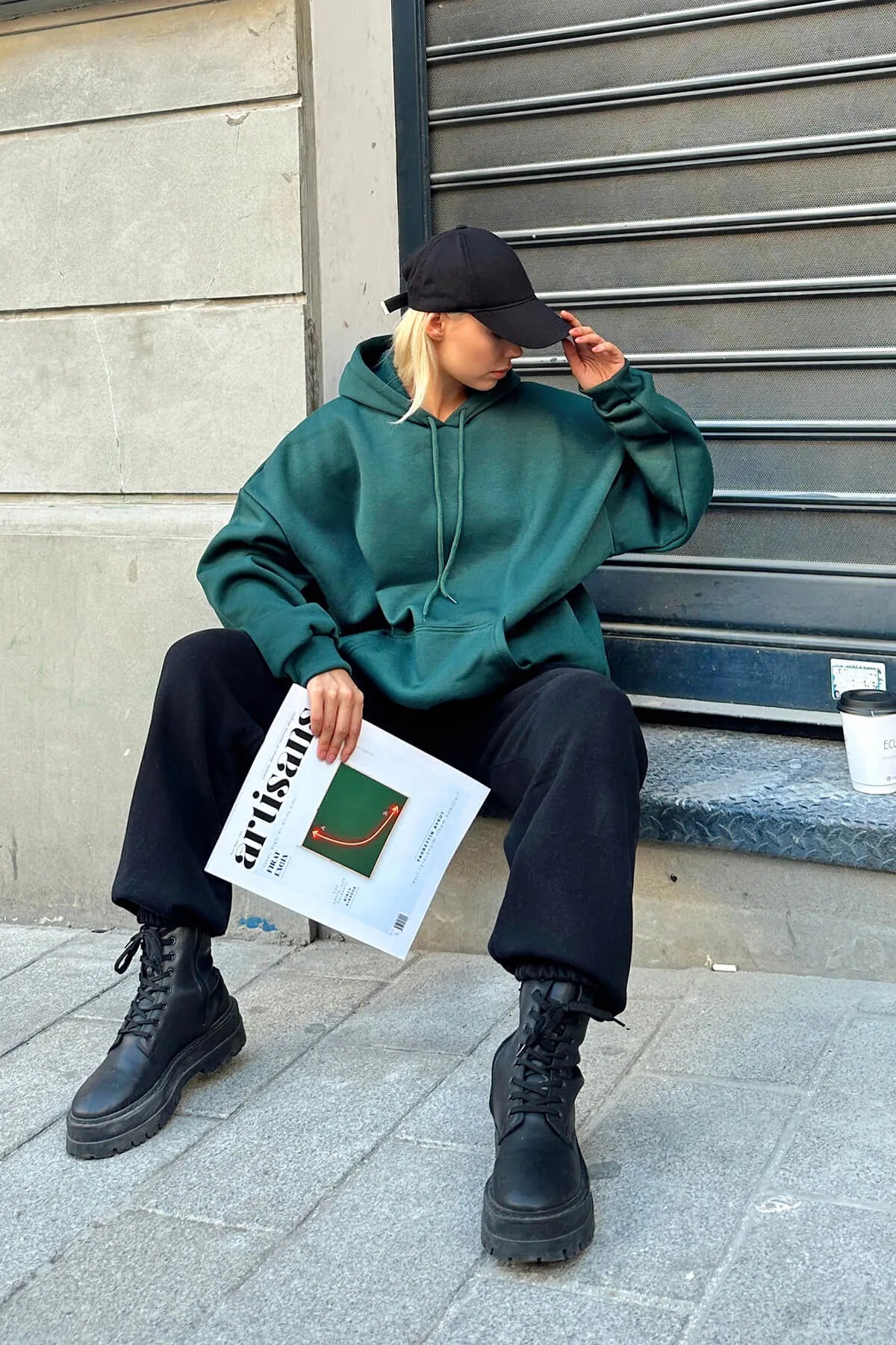 Yeşil Oversize Kapüşonlu Kanguru Cepli İçi Polarlı Kadın Sweatshirt