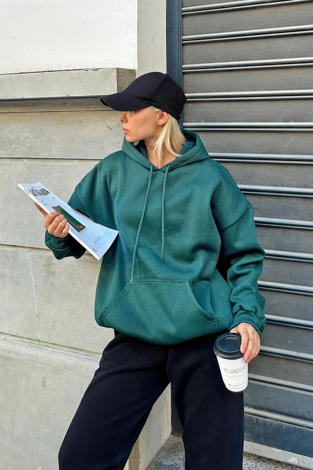 Yeşil Oversize Kapüşonlu Kanguru Cepli İçi Polarlı Kadın Sweatshirt