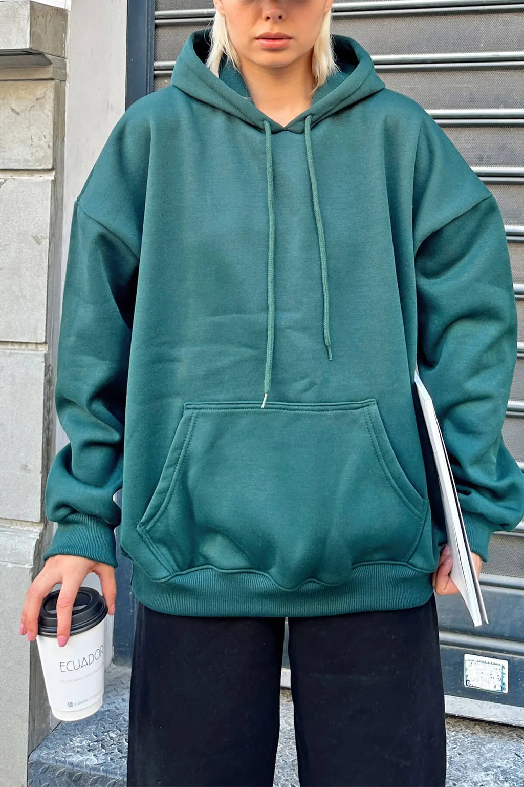 Yeşil Oversize Kapüşonlu Kanguru Cepli İçi Polarlı Kadın Sweatshirt