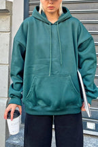 Yeşil Oversize Kapüşonlu Kanguru Cepli İçi Polarlı Kadın Sweatshirt