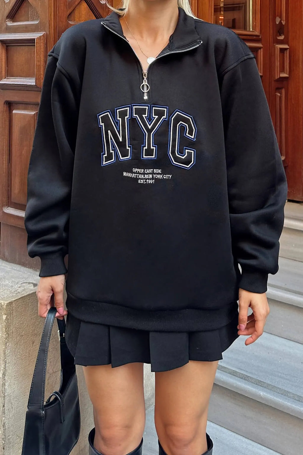 Siyah Dik Yaka Fermuarlı NYC Nakışlı İçi Polarlı Kadın Sweatshirt