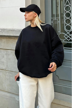 Siyah Oversize Basic Bisiklet Yaka İçi Polarlı Kadın Sweatshirt