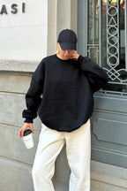 Siyah Oversize Basic Bisiklet Yaka İçi Polarlı Kadın Sweatshirt