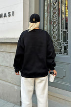 Siyah Oversize Basic Bisiklet Yaka İçi Polarlı Kadın Sweatshirt