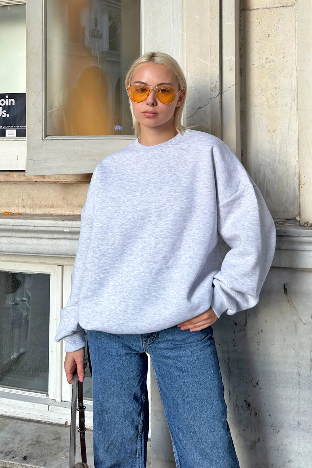 Gri Oversize Basic Bisiklet Yaka İçi Polarlı Kadın Sweatshirt