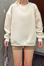 Bej Oversize Basic Bisiklet Yaka İçi Polarlı Kadın Sweatshirt