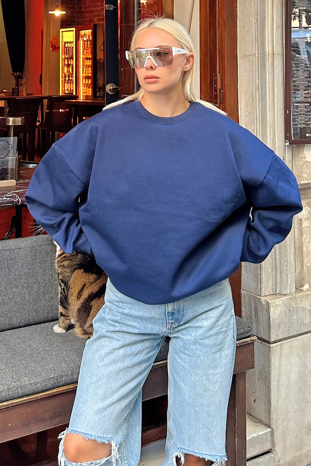 Lacivert Oversize Basic Bisiklet Yaka İçi Polarlı Kadın Sweatshirt