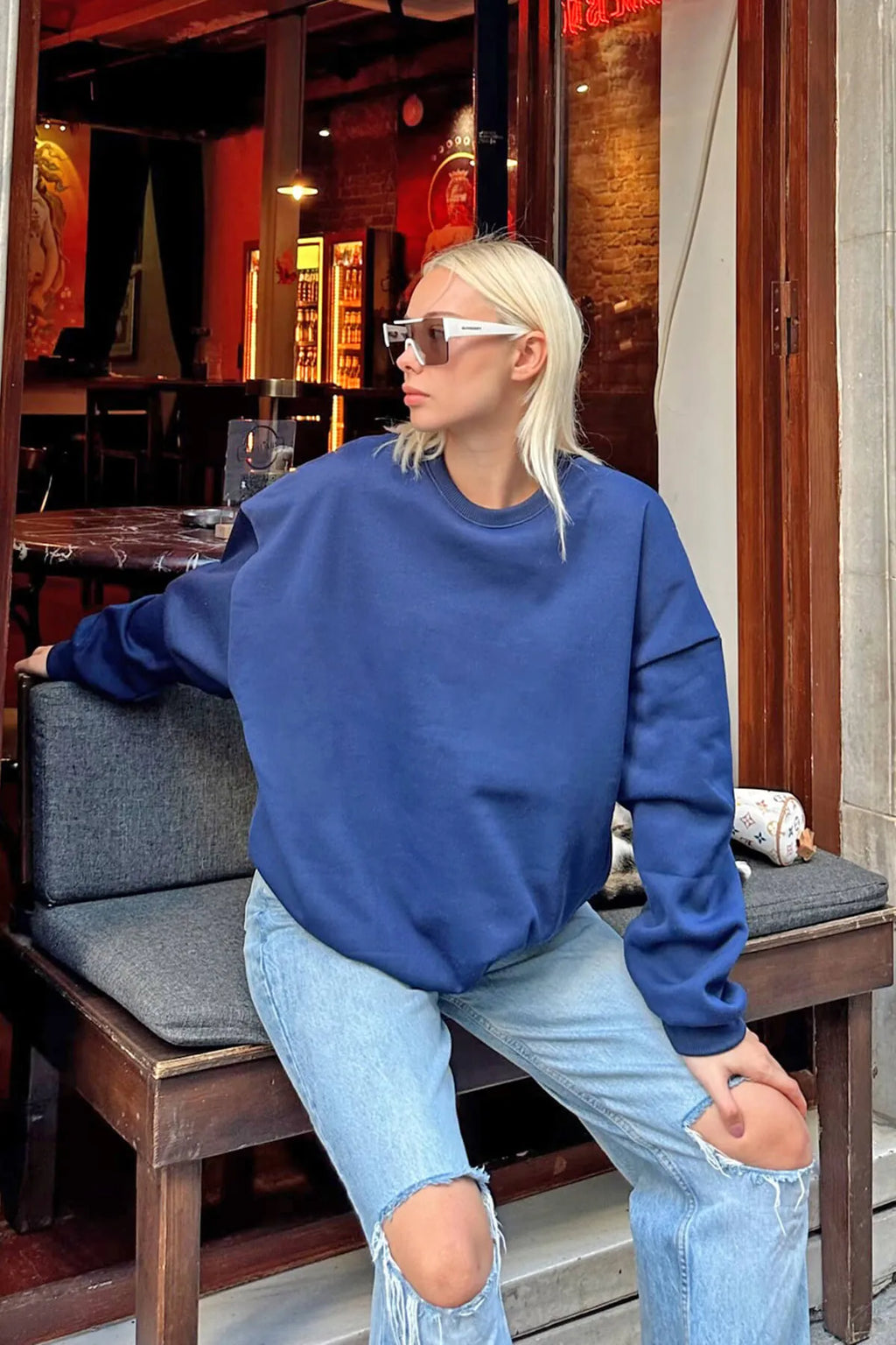 Lacivert Oversize Basic Bisiklet Yaka İçi Polarlı Kadın Sweatshirt