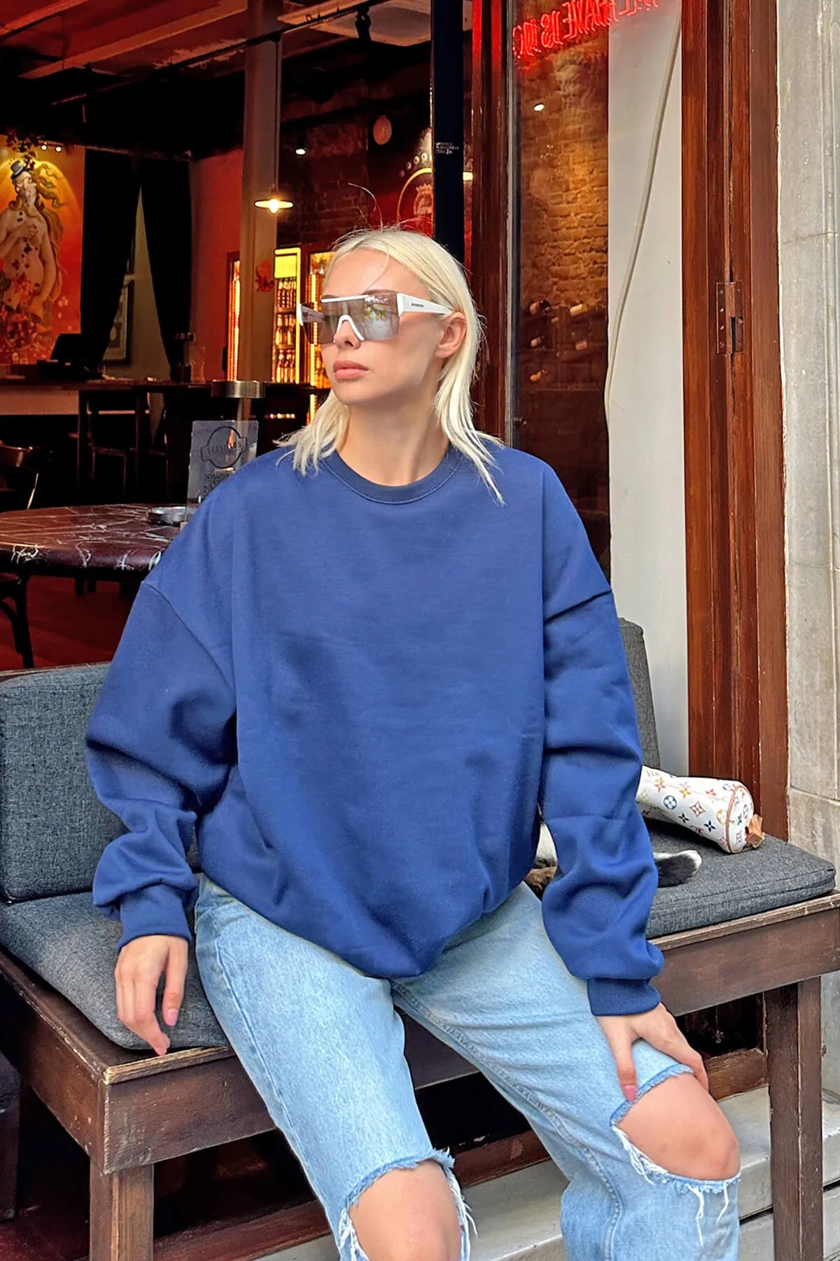 Lacivert Oversize Basic Bisiklet Yaka İçi Polarlı Kadın Sweatshirt