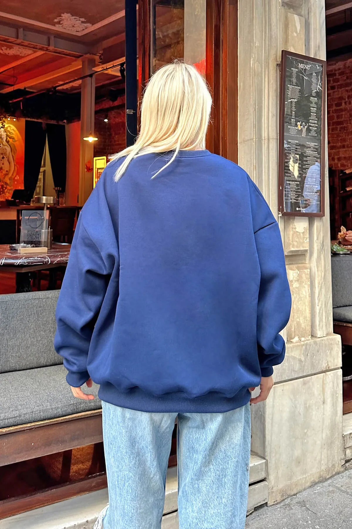 Lacivert Oversize Basic Bisiklet Yaka İçi Polarlı Kadın Sweatshirt