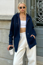 Lacivert Fermuarlı Oversize Kapüşonlu İçi Polarlı Kadın Sweatshirt