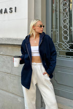 Lacivert Fermuarlı Oversize Kapüşonlu İçi Polarlı Kadın Sweatshirt