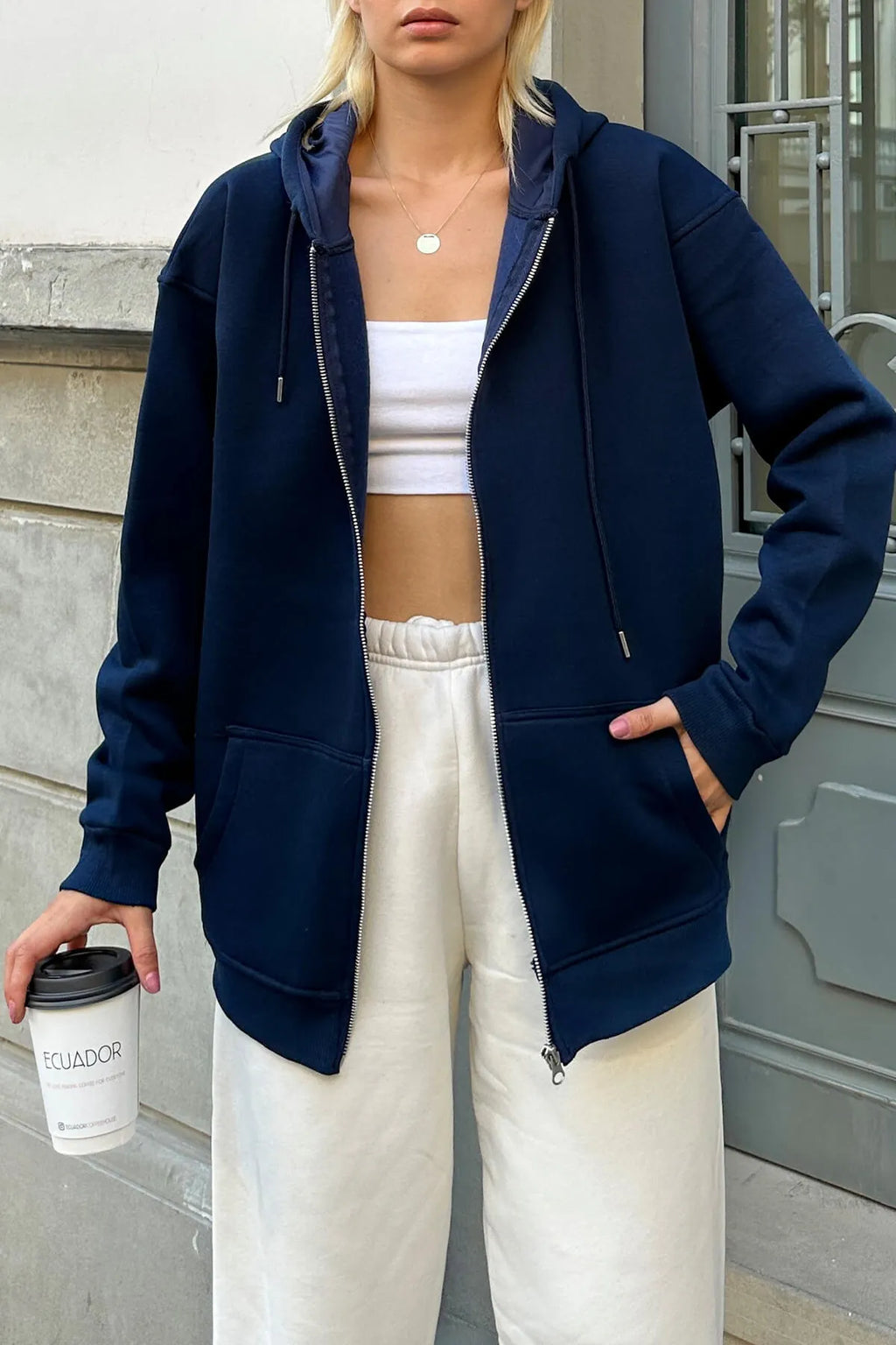 Lacivert Fermuarlı Oversize Kapüşonlu İçi Polarlı Kadın Sweatshirt