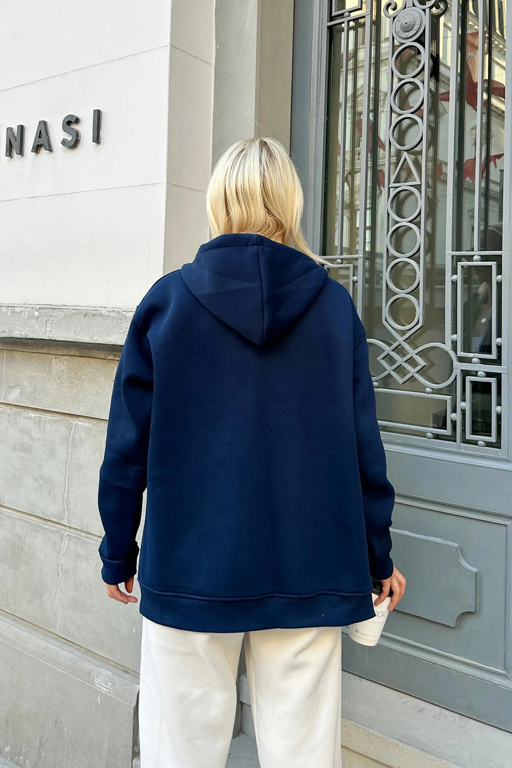 Lacivert Fermuarlı Oversize Kapüşonlu İçi Polarlı Kadın Sweatshirt
