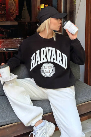 Siyah Hrvrd Baskılı İçi Pamuklu Kadın Sweatshirt
