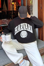Siyah Hrvrd Baskılı İçi Pamuklu Kadın Sweatshirt