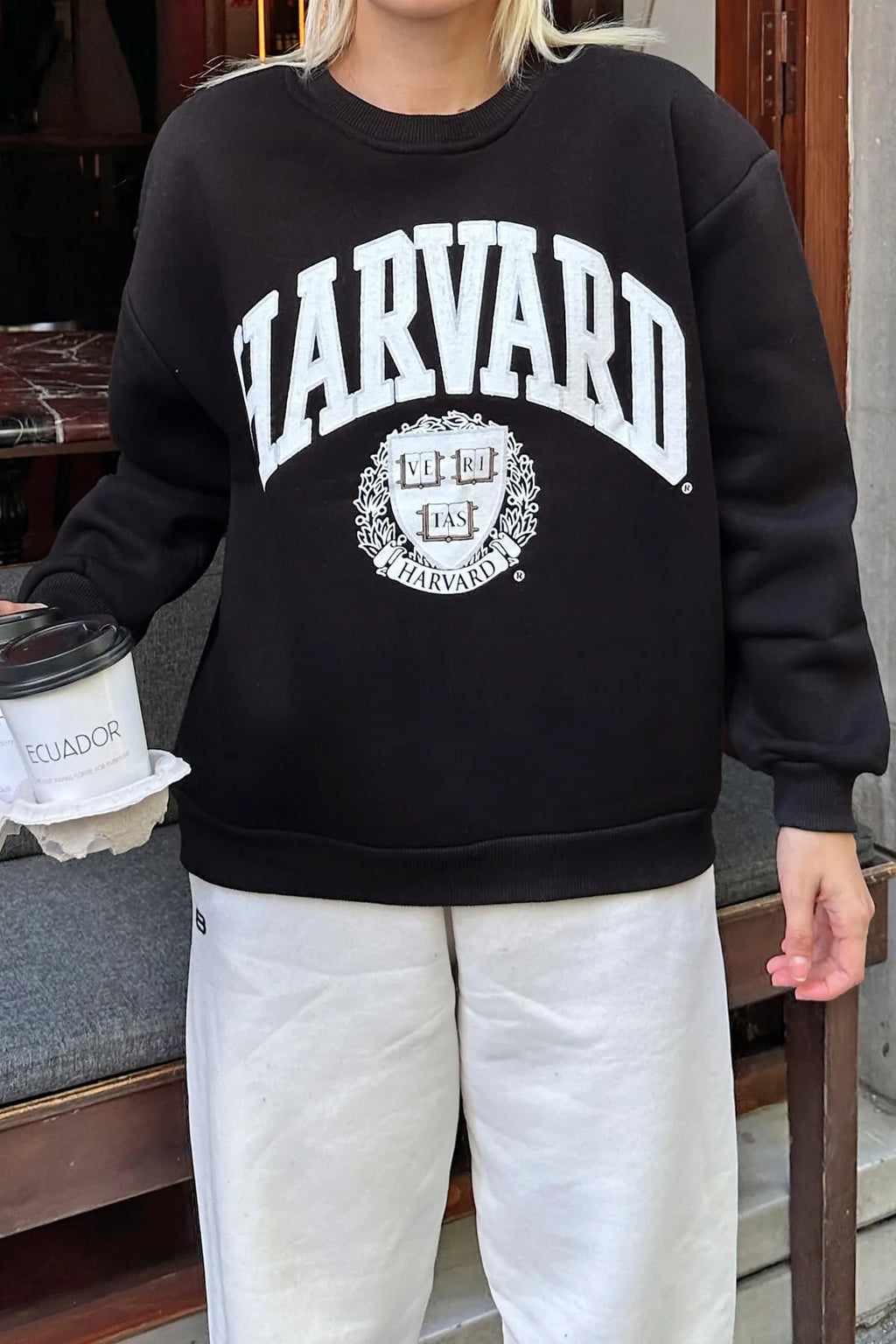 Siyah Hrvrd Baskılı İçi Pamuklu Kadın Sweatshirt