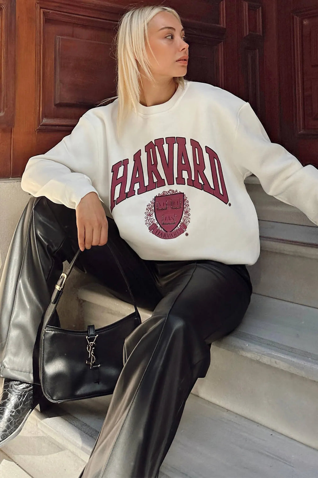 Beyaz Hrvrd Baskılı İçi Pamuklu Kadın Sweatshirt