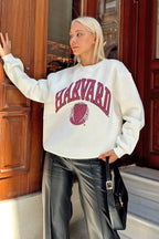 Beyaz Hrvrd Baskılı İçi Pamuklu Kadın Sweatshirt
