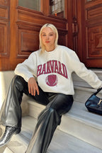 Beyaz Hrvrd Baskılı İçi Pamuklu Kadın Sweatshirt